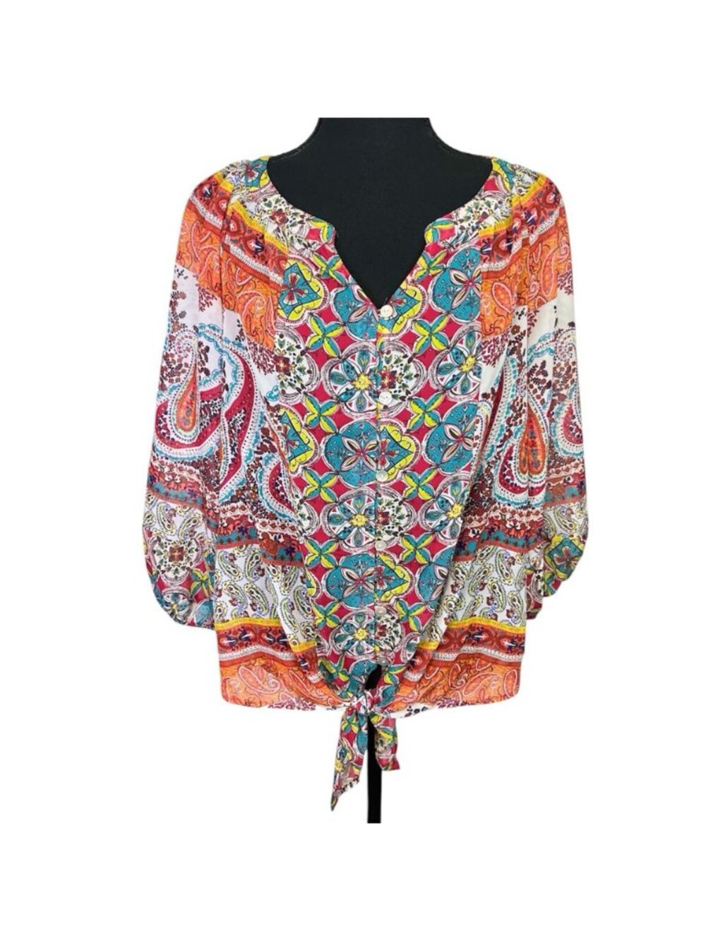 Fig and Flower Button Tie Front Paisley Blouse Sz M Boho V Neck 3/4 Sleeve